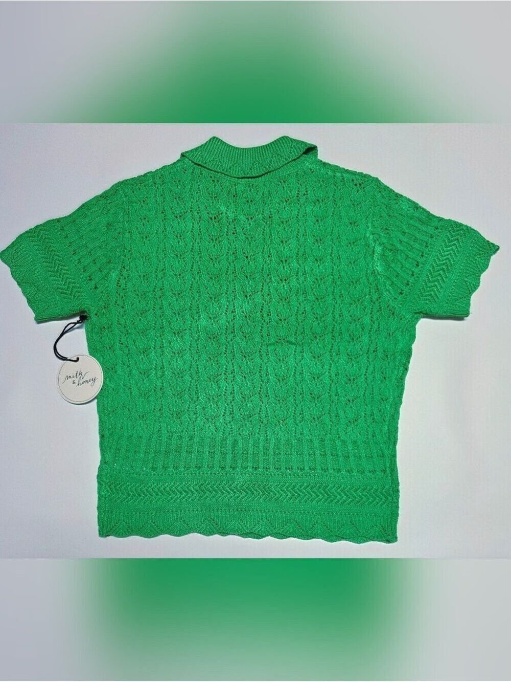 Milk & Honey Green Open Knit Button Front Collared Top Medium New With Tag - Picture 4 of 9